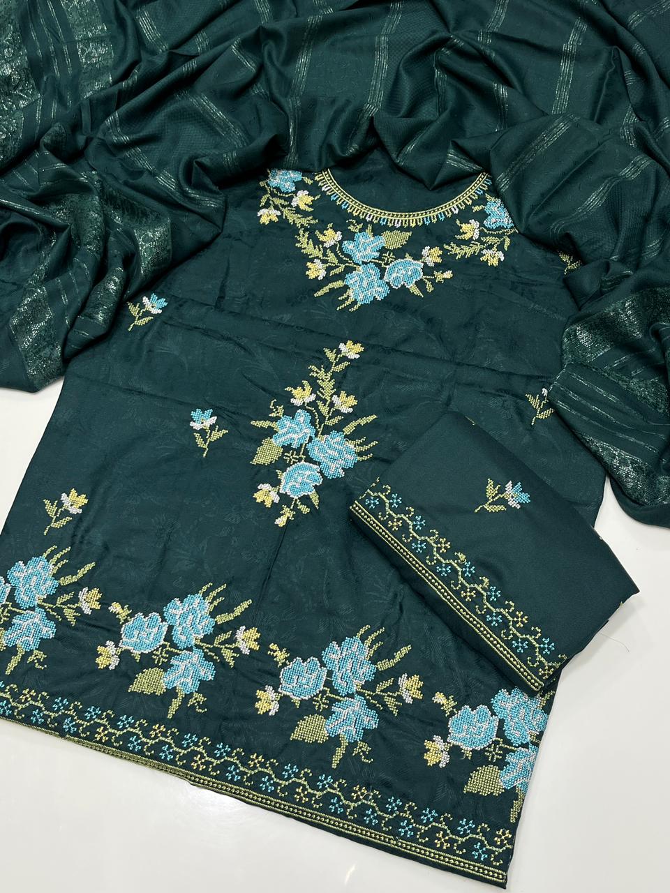 Pure Dhanak Cross Stitch Embroidered 3-pc Dress