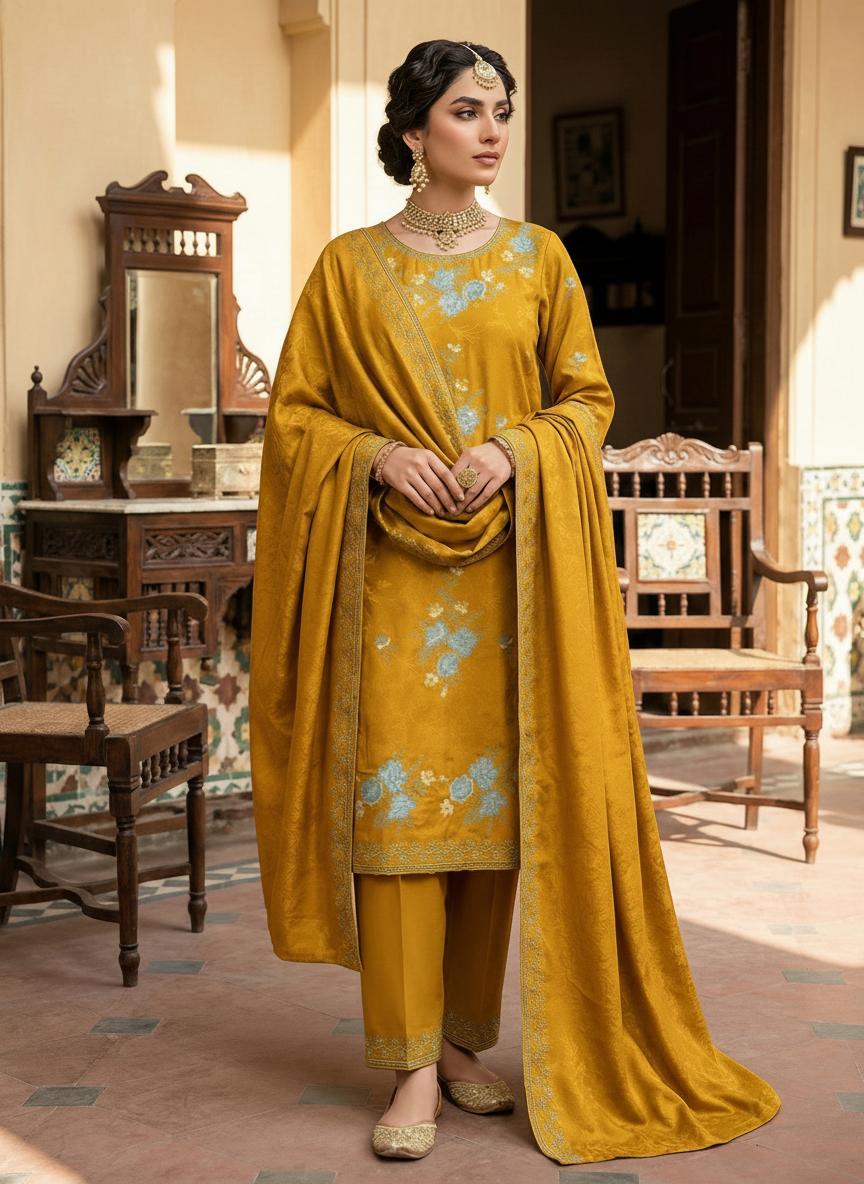 Pure Dhanak Cross Stitch Embroidered 3-pc Dress