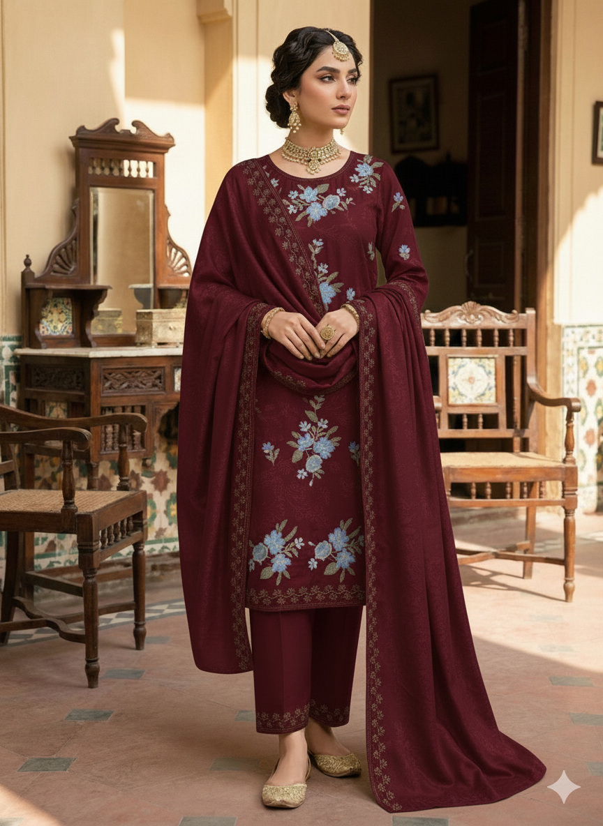 Pure Dhanak Cross Stitch Embroidered 3-pc Dress