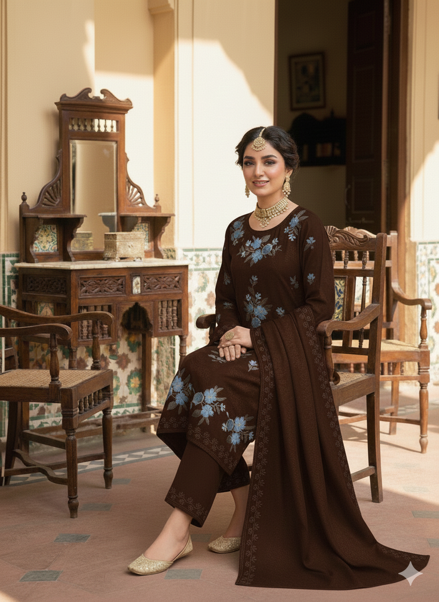 Pure Dhanak Cross Stitch Embroidered 3-pc Dress