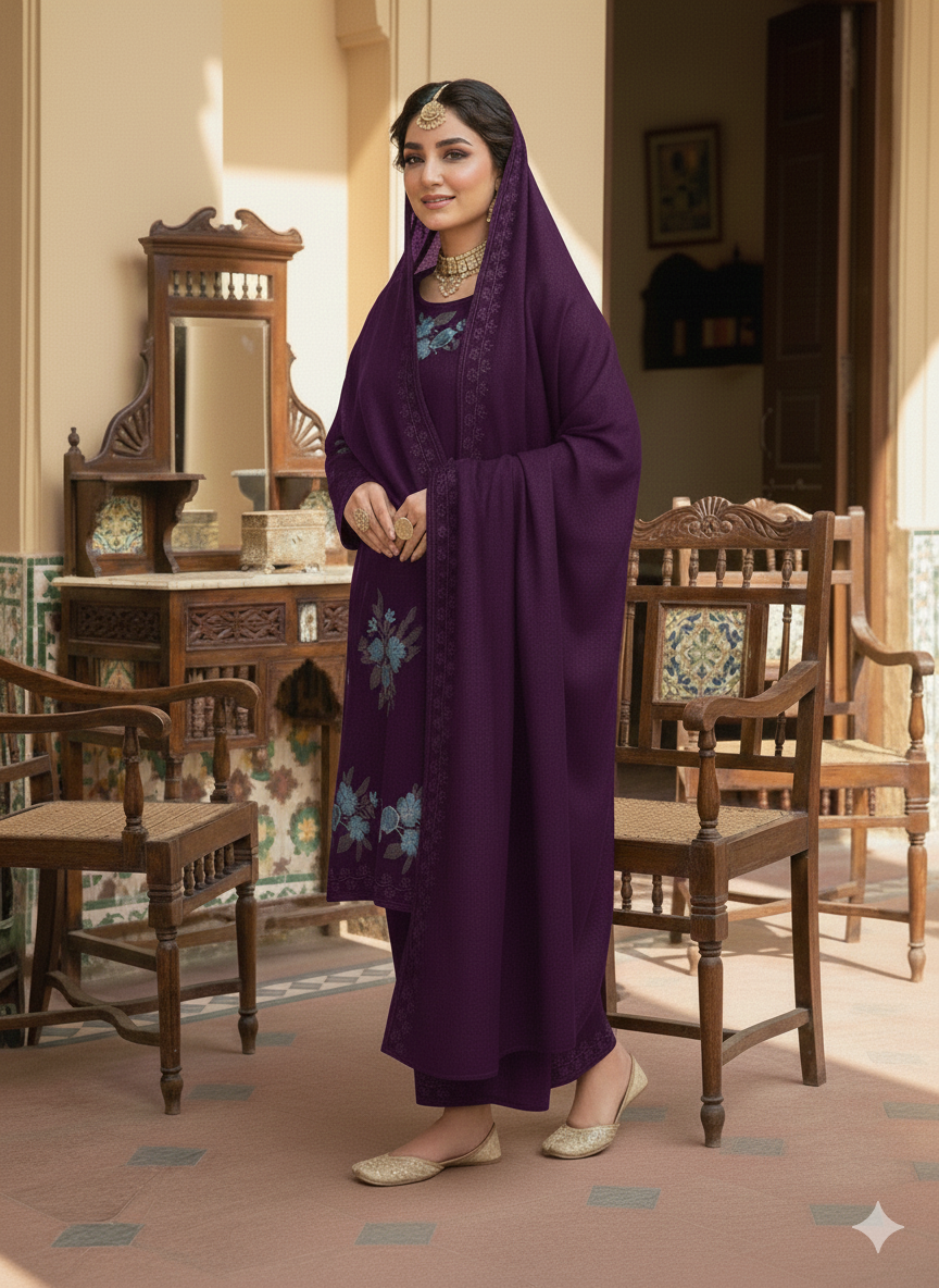 Pure Dhanak Cross Stitch Embroidered 3-pc Dress