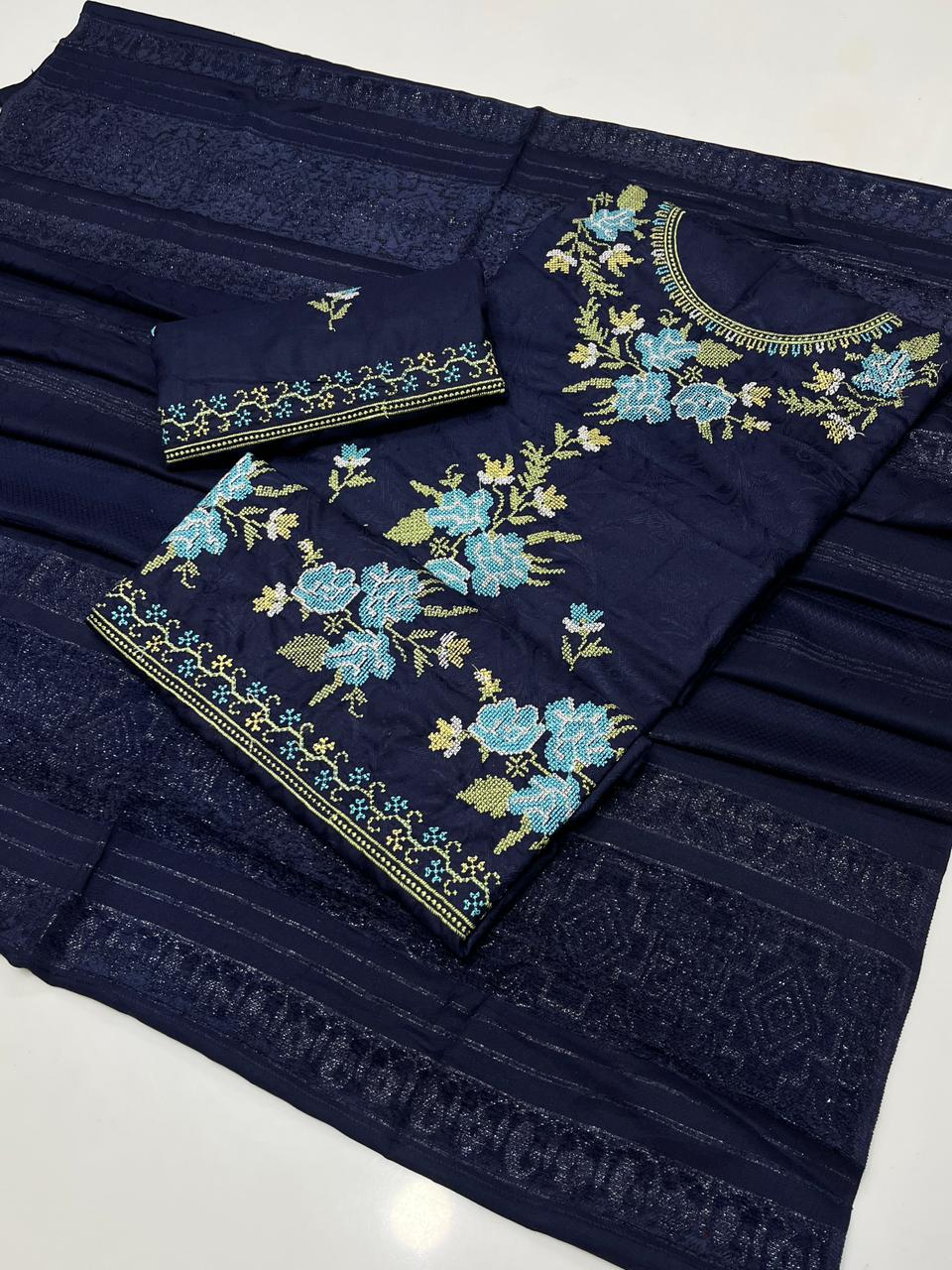 Pure Dhanak Cross Stitch Embroidered 3-pc Dress