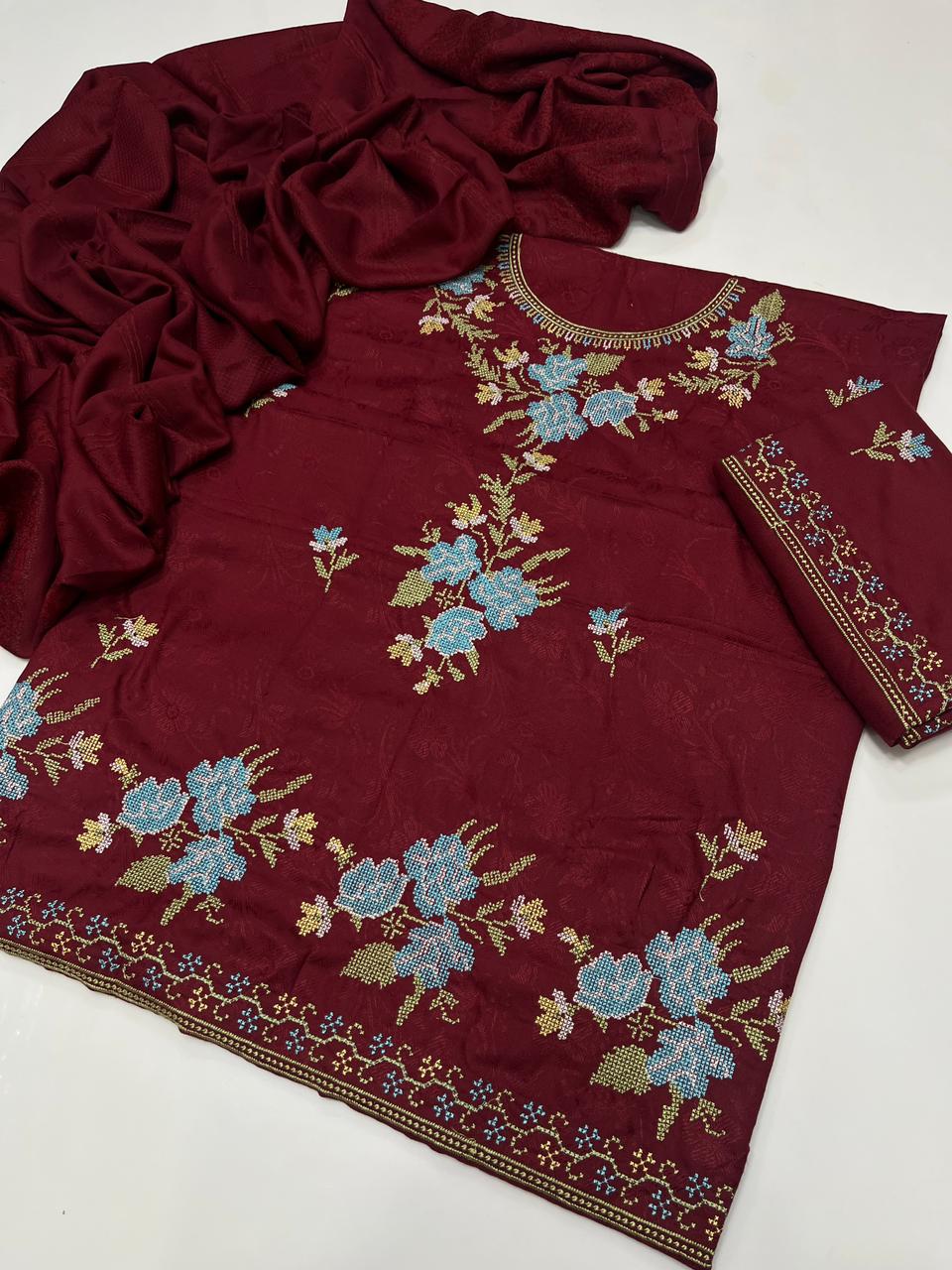 Pure Dhanak Cross Stitch Embroidered 3-pc Dress