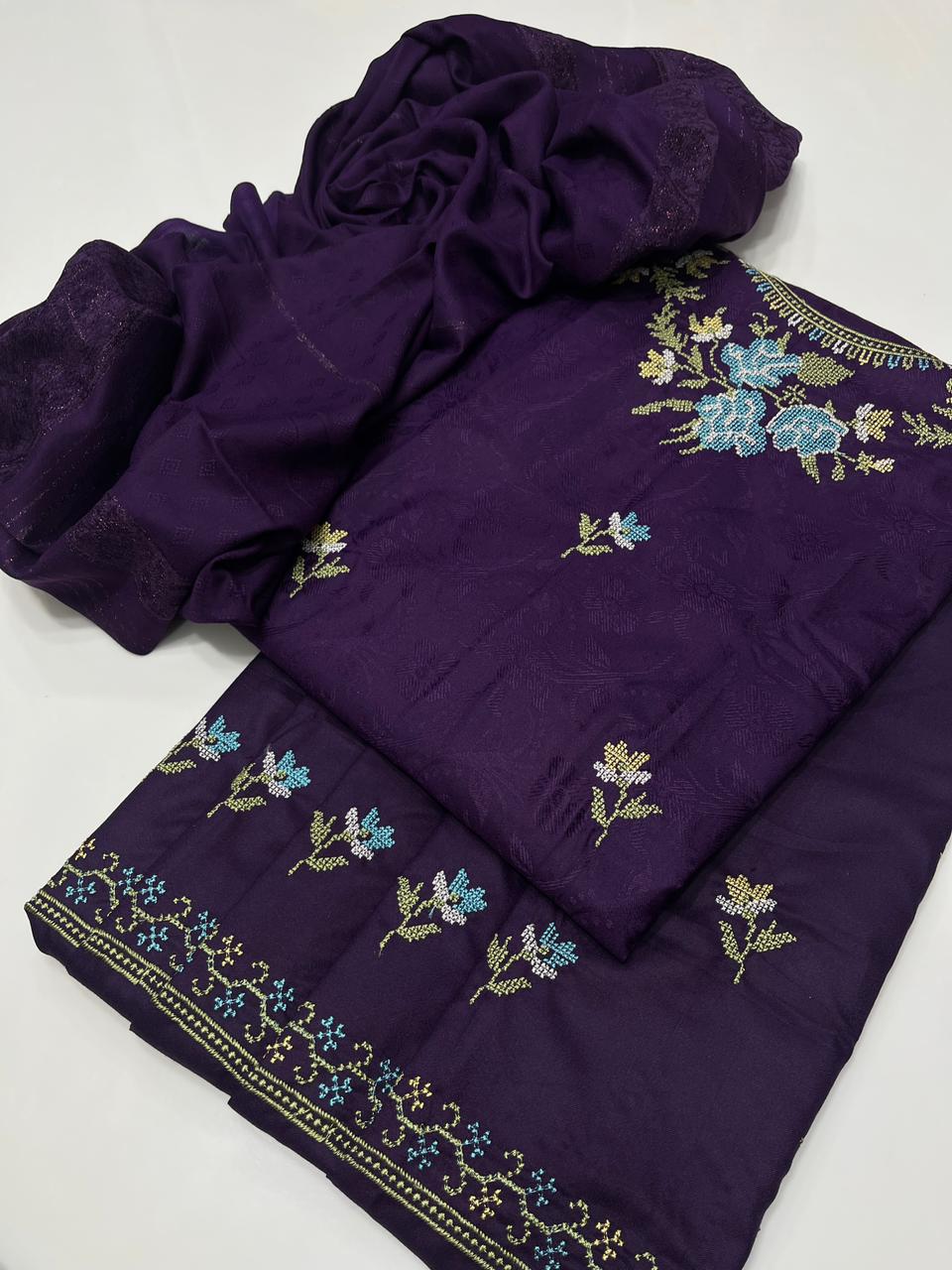 Pure Dhanak Cross Stitch Embroidered 3-pc Dress