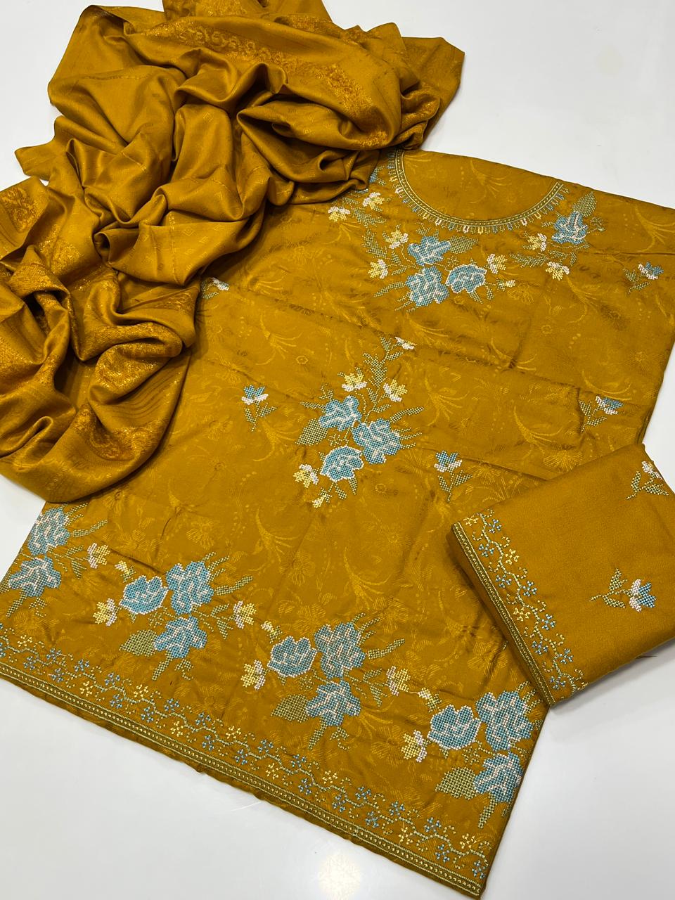 Pure Dhanak Cross Stitch Embroidered 3-pc Dress