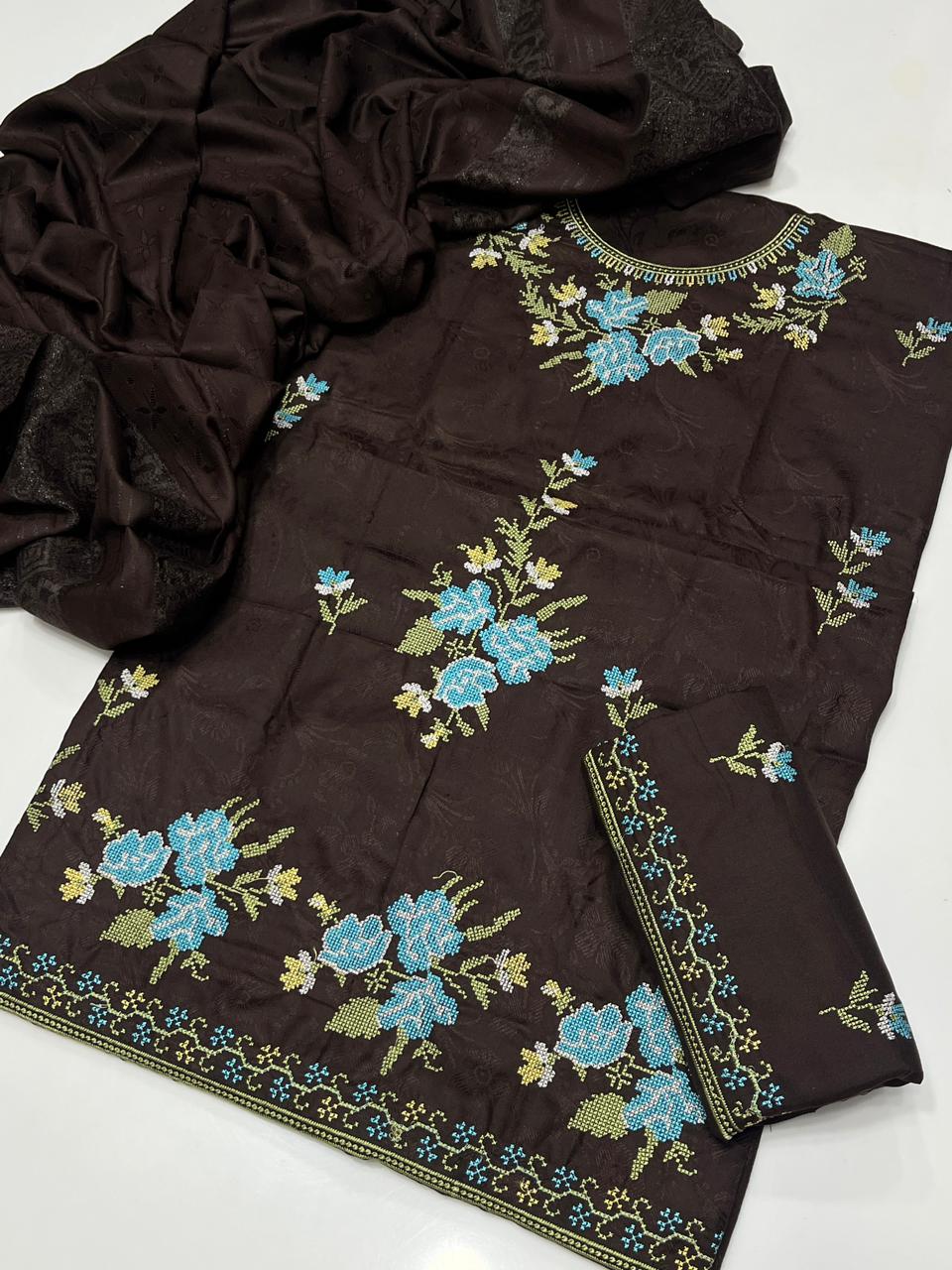 Pure Dhanak Cross Stitch Embroidered 3-pc Dress